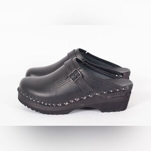 Troentorp Donatello black wood & leather clog mules womens size 39 Swedish clogs